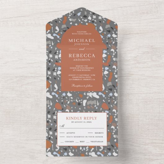 Modern Gray Terrazzo Tegel Terracotta Wedding All In One Uitnodiging (Binnen)