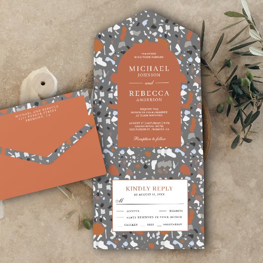 Modern Gray Terrazzo Tegel Terracotta Wedding All In One Uitnodiging