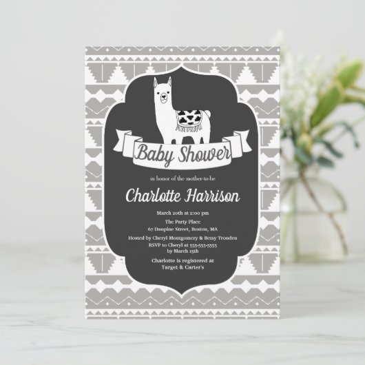 Modern Gray & White Aztec Llamas Baby shower Kaart (Staand voorkant)