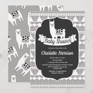 Modern Gray & White Aztec Llamas Baby shower Kaart