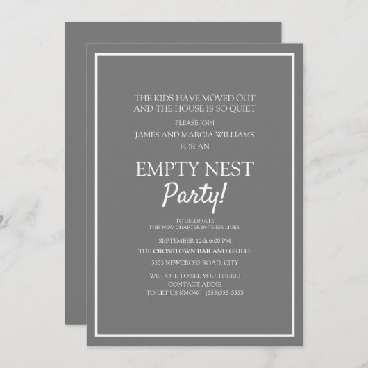 Modern Gray White Empty Nest Party Kaart (Voorkant / Achterkant)