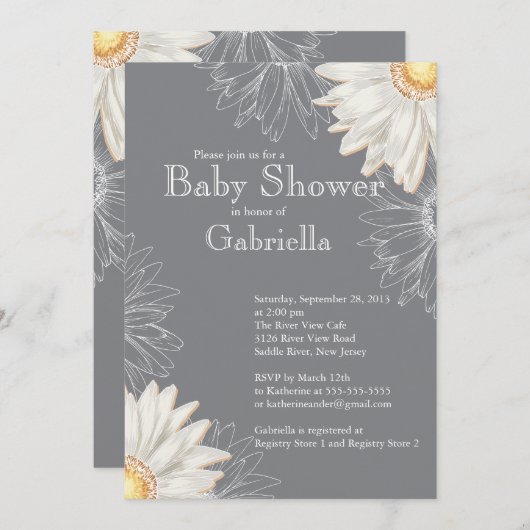 Modern Gray & White Gerbera Daisy Baby shower Kaart (Voorkant / Achterkant)