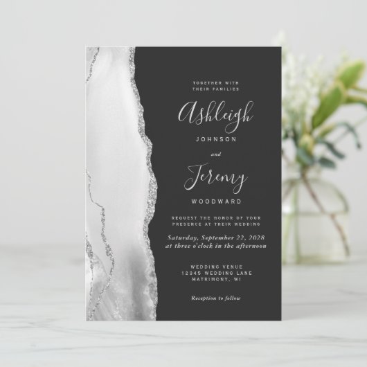 Modern Gray White Silver Agate Slate Wedding Kaart (Staand voorkant)