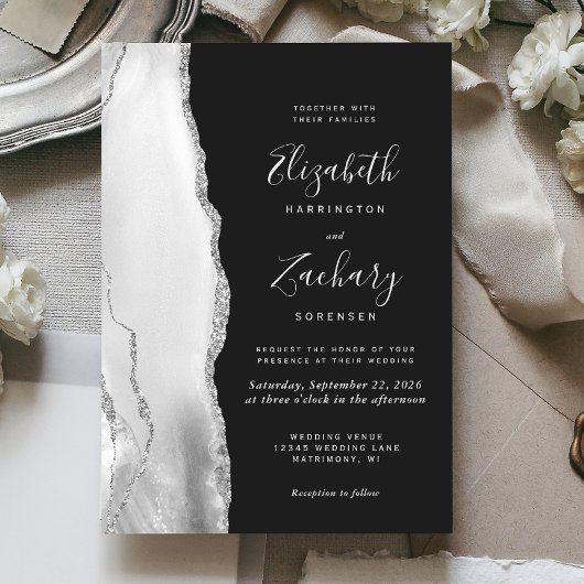 Modern Gray White Silver Agate Slate Wedding Kaart