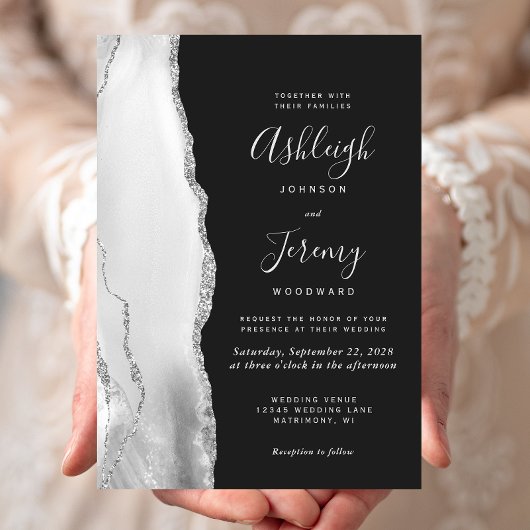 Modern Gray White Silver Agate Slate Wedding Kaart