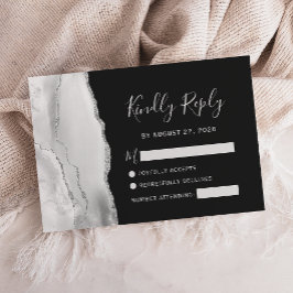 Modern Gray White Silver Agate Slate Wedding RSVP Kaartje