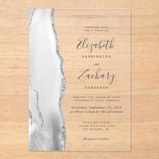 Modern Gray White Silver Agate Wedding Acryl Uitnodigingen (Voorkant)