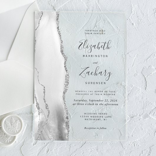 Modern Gray White Silver Agate Wedding Acryl Uitnodigingen
