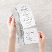 Modern Gray White Silver Agate Wedding All In One Uitnodiging (Afscheurbaar)