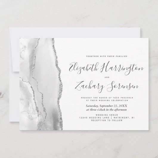Modern Gray White Silver Agate Wedding Invitation Kaart (Voorkant)