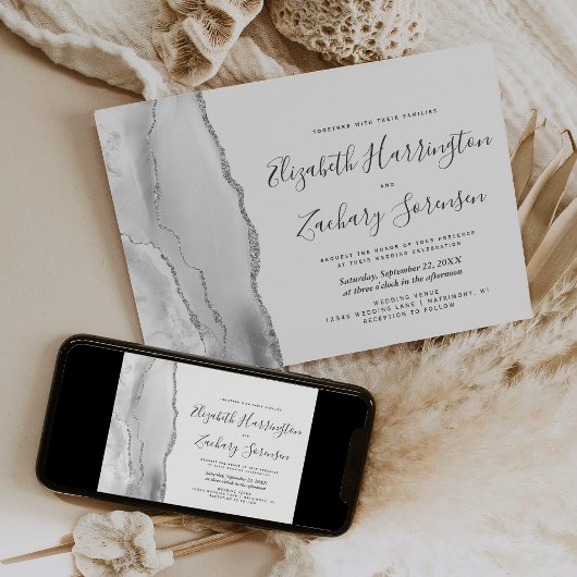 Modern Gray White Silver Agate Wedding Invitation Kaart