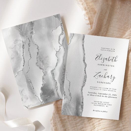 Modern Gray White Silver Agate Wedding Kaart