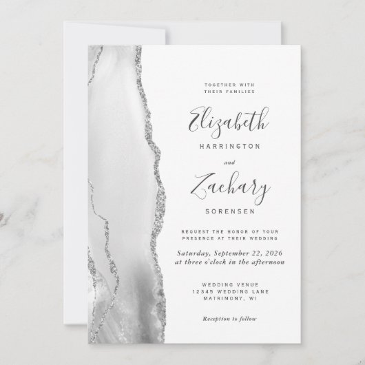 Modern Gray White Silver Agate Wedding Kaart (Voorkant)