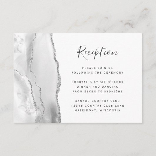 Modern Gray White Silver Agate Wedding Reception Informatiekaartje (Voorkant)
