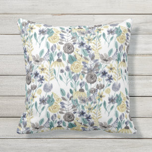 Modern Gray Yellow Floral Waterverf Pattern Buitenkussen