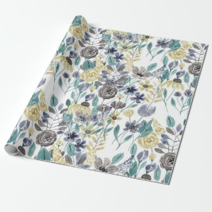 Modern Gray Yellow Floral Waterverf Pattern Cadeaupapier