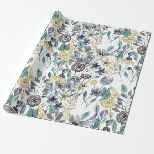 Modern Gray Yellow Floral Waterverf Pattern Cadeaupapier (Uitgerold)