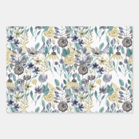 Modern Gray Yellow Floral Waterverf Pattern Inpakpapier Vel (Voorkant 3)