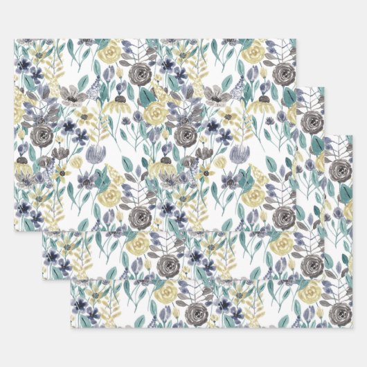 Modern Gray Yellow Floral Waterverf Pattern Inpakpapier Vel (Set)
