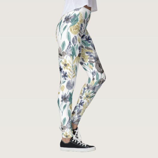 Modern Gray Yellow Floral Waterverf Pattern Leggings (Rechts)
