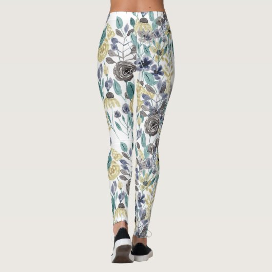 Modern Gray Yellow Floral Waterverf Pattern Leggings (Achterkant)