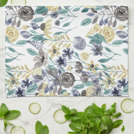 Modern Gray Yellow Floral Waterverf Pattern Theedoek (Gevouwen)