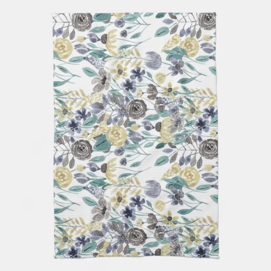 Modern Gray Yellow Floral Waterverf Pattern Theedoek (Verticaal)