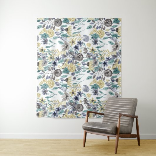 Modern Gray Yellow Floral Waterverf Pattern Wandkleed (In situ)