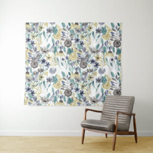 Modern Gray Yellow Floral Waterverf Pattern Wandkleed
