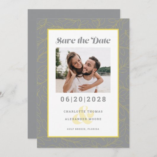 Modern Gray Yellow Pattern | De datumfoto opslaan Save The Date (Voorkant / Achterkant)