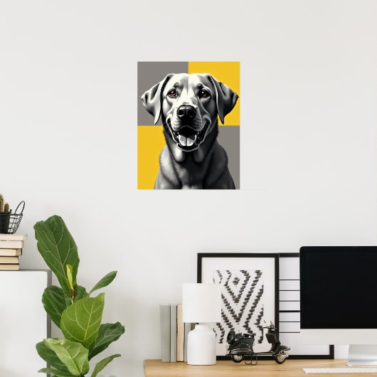 Modern Grayscale Pop Art Dog Portrait: Happy Lab Poster (Thuiskantoor)