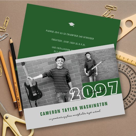 Modern Green 2 Photo Block Simple Graduparty Kaart