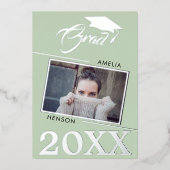 Modern Green Afstuderen 2 Foto Afstuderen Silver Folie Uitnodiging (Voorkant)