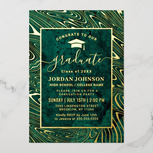 Modern Green Agate Marble Graduation Party Gold Folie Uitnodiging (Voorkant)