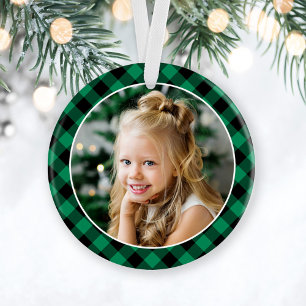 Modern Green and Black Buffalo Plaid Photo Ornament