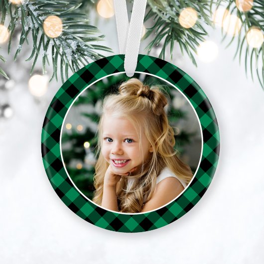 Modern Green and Black Buffalo Plaid Photo Ornament
