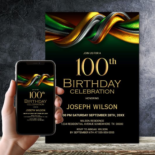 Modern Green and Gold 100th Birthday Party Kaart