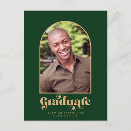 Modern Green and Gold Arch Photo Afstuderen Aankondigingskaart (Voorkant)