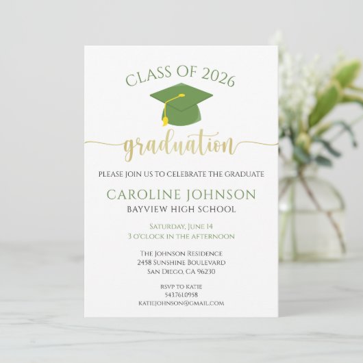 Modern Green and Gold Graduation Party Invitation Kaart (Staand voorkant)