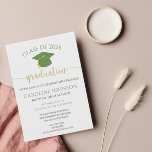 Modern Green and Gold Graduation Party Invitation Kaart