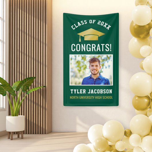 Modern Green and Gold Photo Graduation Party Spandoek