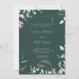 Modern Green and Pink Garden Leaves Wedding Kaart