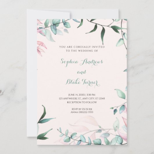 Modern Green and Pink Garden Leaves Wedding Kaart (Voorkant)