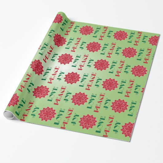 Modern Green and Red Love, Peace, Joy quote Cadeaupapier (Uitgerold)