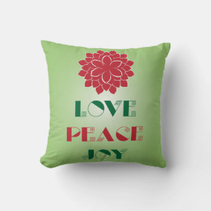 Modern Green and Red Love, Peace, Joy quote Kussen
