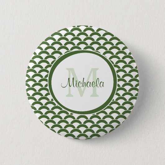 Modern Green and White Scallops Monogram en Naam Ronde Button 5,7 Cm (Voorkant)