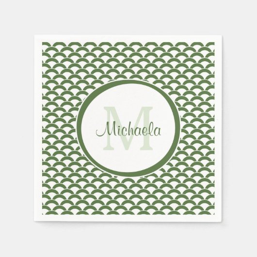 Modern Green and White Scallops Monogram en Naam Servetten (Voorkant)