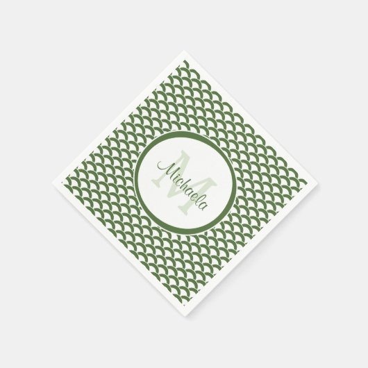 Modern Green and White Scallops Monogram en Naam Servetten (Hoek)