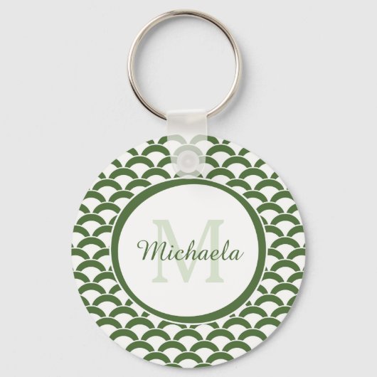 Modern Green and White Scallops Monogram en Naam Sleutelhanger (Voorkant)