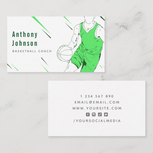Modern Green Basketball Coach Trainer Silhouette Visitekaartje (Voorkant / Achterkant)